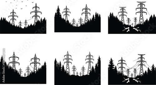 Transmission tower forest scenes, power line disruption, environmental impact illustration, utility infrastructure risk, silhouette landscape, fallen tree damage, black and white