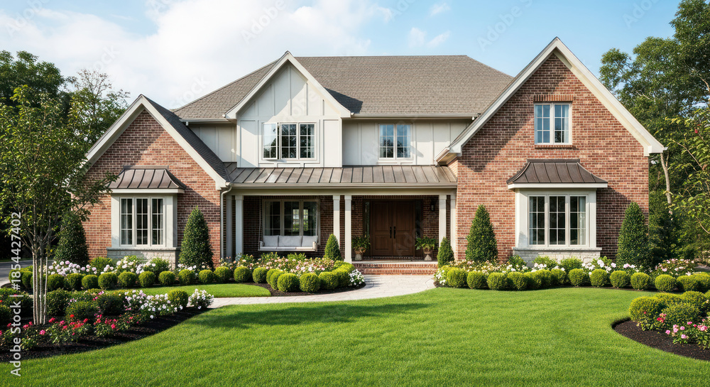 Obraz premium A large, two-story brick house with a green roof and white trim, surrounded by a well-maintained lawn and landscaped gardens.