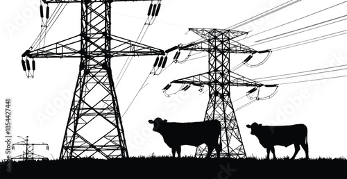 Tablou pe pânză Transmission tower rural scene, power line infrastructure, cows in field, black