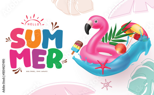 Hello Summer Horizontal Banner with 3D Inflatable Flamingo, Tropical Leaves, and Water Splash