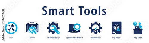 Smart Tools banner with icons of Tools, Toolbox, Technical Setup, System Maintenance, Optimization, Bug Report and Help Desk.