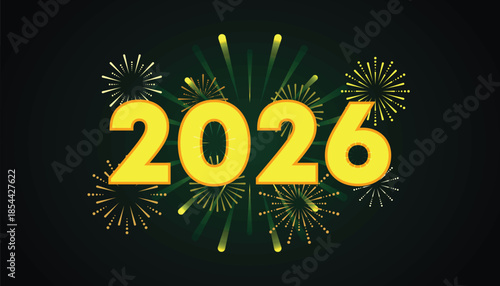 2026 Happy New Year with Bold Golden Numbers, Radiant Fireworks on Dark Background