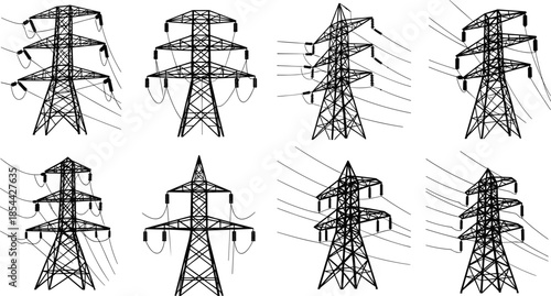 Transmission tower silhouettes, electrical pylon variations, power line engineering, utility grid structure, black and white infrastructure illustration, high voltage design