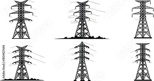 Transmission tower silhouettes, electrical pylon variations, power line structure, utility grid design, black and white engineering illustration, infrastructure elements