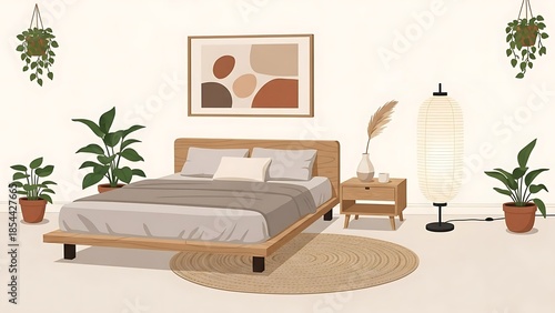 Modern bedroom with plants and furniture.