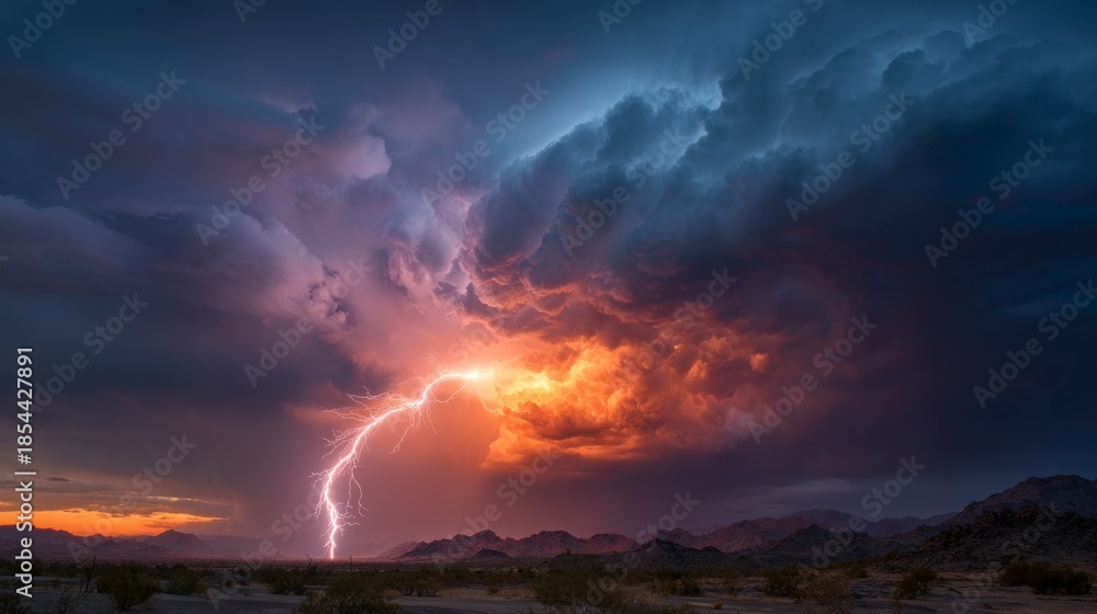 Obraz premium Dramatic lightning storm over desert landscape