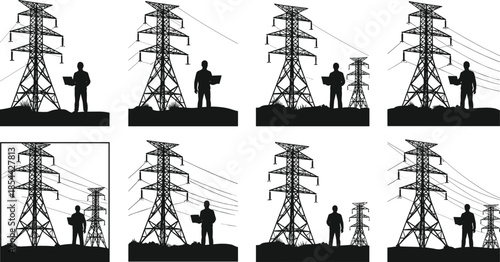 Transmission tower silhouettes, utility workers, power lines, inspection scene, electrical infrastructure, energy grid, maintenance, engineering, black figures, industrial landscape, safety