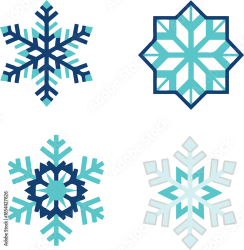 Set of four geometric and decorative snowflake icons in blue and teal shades vector illustration.