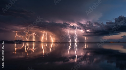Dramatic lightning reflections on water