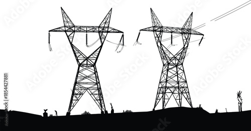 Transmission tower silhouettes, high voltage pylons, electrical infrastructure, power grid landscape, utility structure, energy distribution, lattice tower design, rural terrain