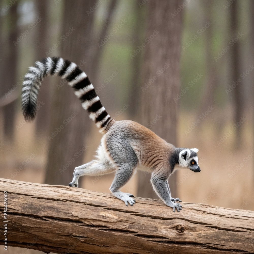 Obraz premium Wild ring-tailed lemur walking naturally on forest log