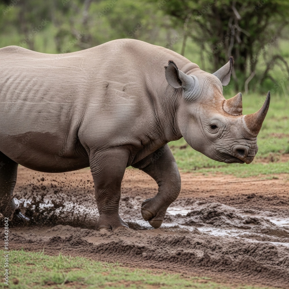 Naklejka premium Black Rhinoceros Walking Through Muddy Savanna Habitat