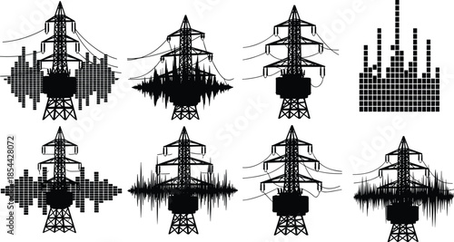 Transmission tower sound fusion, audio waveform integration, equalizer silhouette, energy and music concept, black and white infrastructure illustration