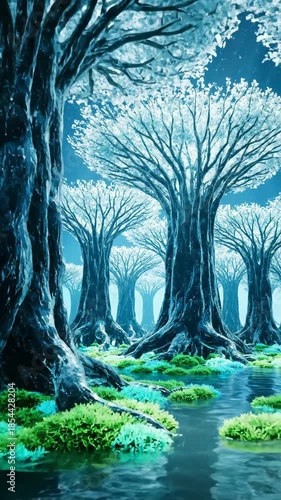 Mystical Blue Forest with Towering Trees and Lush Green Undergrowth Reflecting in Water