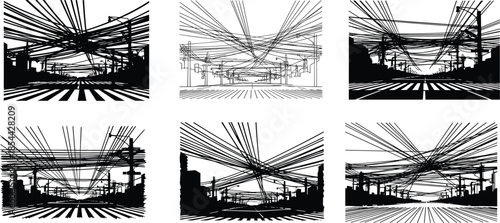 Urban wire perspective, utility pole silhouettes, street infrastructure, overhead cable geometry, vanishing point composition, city network illustration, black and white