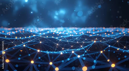 Abstract Digital Network Visualization with Blue Interconnected Lines and Glowing Orange Nodes in a Dark Futuristic Space