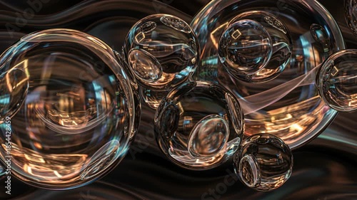 Abstract Collection Of Transparent Spheres With Reflections Of Light And Cityscape Against Dark Wavy Background