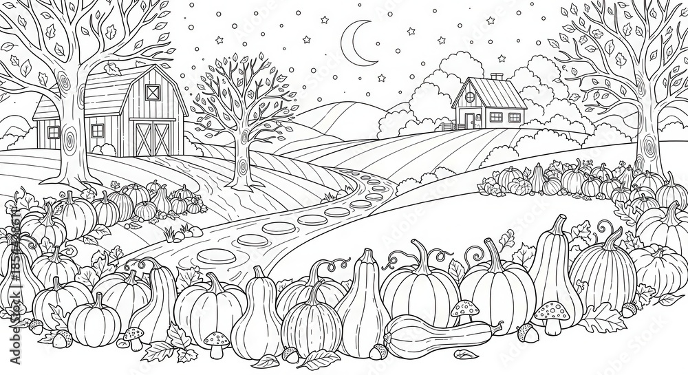 Fototapeta premium Autumnal harvest scene with pumpkins barn and house ready for creative coloring