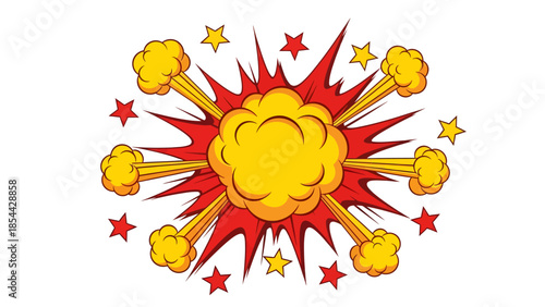 A dynamic comic-style explosion erupts with a central billowing yellow cloud, sharp red jagged rays, and scattered stars, perfectly capturing the chaotic energy of a classic cartoon blast