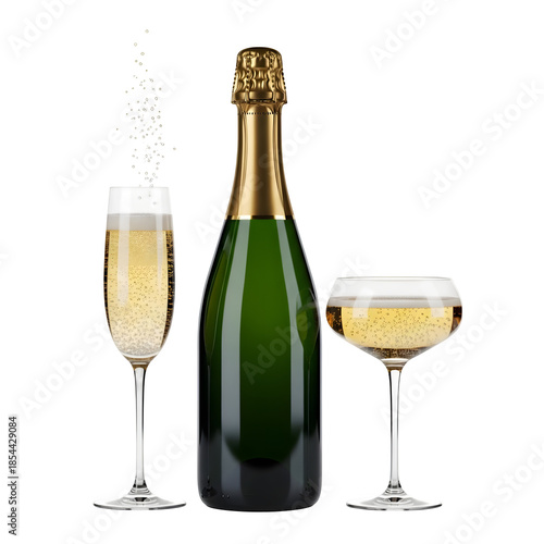 Wallpaper Mural Champagne bottle with two filled glasses, sparkling bubbles. Elegant celebration drink for luxury events and festive moments. Isolated on white or transparent background. PNG format. Torontodigital.ca