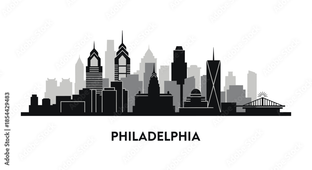 Naklejka premium Monochromatic silhouette of Philadelphia city skyline with prominent skyscrapers and buildings on a white background.