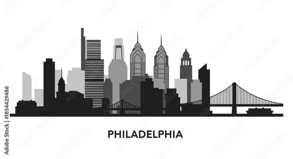 Naklejka premium Monochromatic silhouette of Philadelphia city skyline with iconic buildings and bridge on white background.