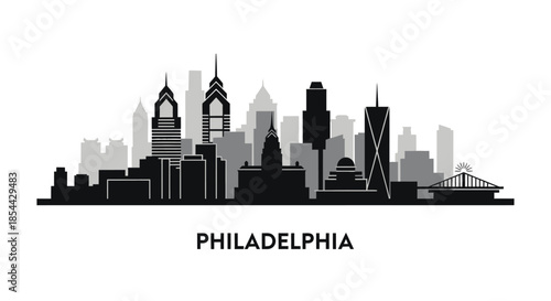 Monochromatic silhouette of Philadelphia city skyline with prominent skyscrapers and buildings on a white background.