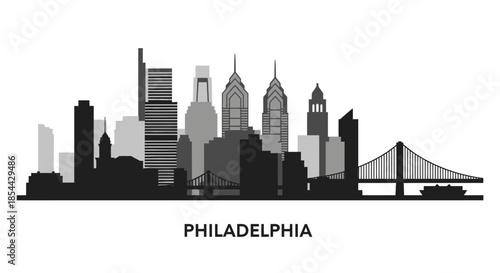 Monochromatic silhouette of Philadelphia city skyline with iconic buildings and bridge on white background.