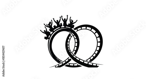 Black silhouette illustration of two film reels with a crown on top against a white background.