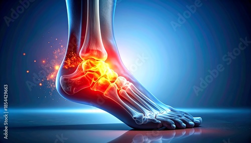 X-Ray Style Medical Illustration of Human Foot Highlighting Pain Points and Injury Areas