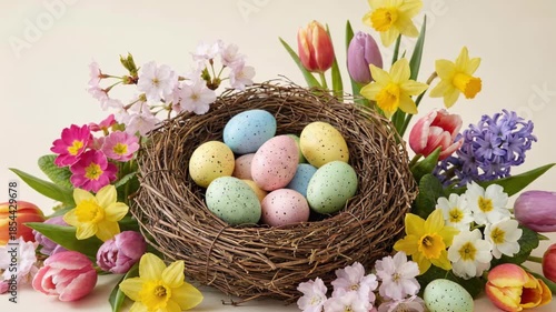 Easter Nest Filled With Colorful Eggs Surrounded By Spring Flowers And Daffodils In Soft Natural Lighting