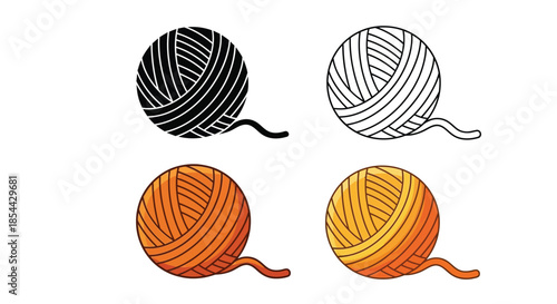 Four colored yarn balls on a white background, with black, orange and yellow hues, in a flat lay composition.