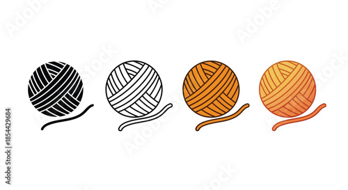 Colorful illustration of four yarn balls in black, white, brown, and orange with their threads on a white background.
