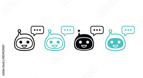 Illustration of four smiling robot heads with speech bubbles on a white background in black and blue tones.