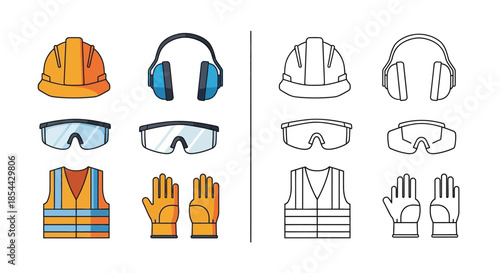 Graphic illustration of various personal protective equipment icons including hard hats, safety glasses, ear protectors, vests, and gloves in orange and line art styles on a white