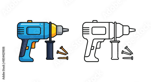 Graphic illustration of a blue and yellow power drill alongside a line drawing of a drill with screws and bits on a white background.