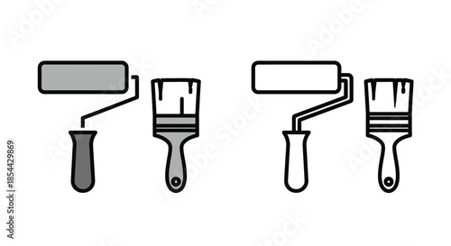 Four paintbrushes with different handles and roller heads in black line art on a white background.