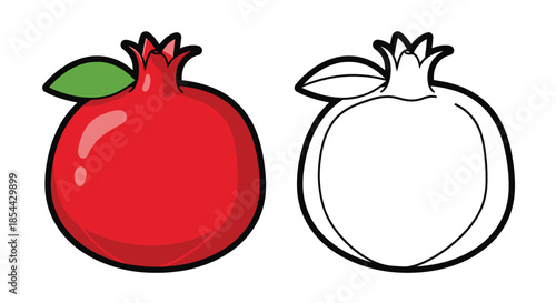 Colorful illustration of a red pomegranate next to its black and white line art version on a white background.