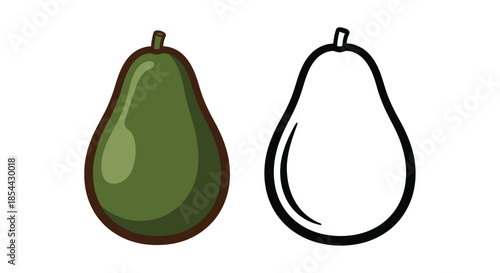 Illustration of a green pear with a brown outline next to a black outlined pear on a white background.