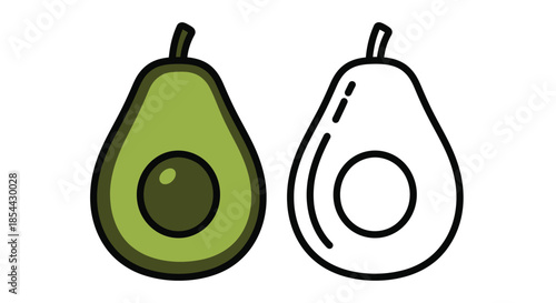 Illustration of a green avocado and a line drawing of a pear on a white background.