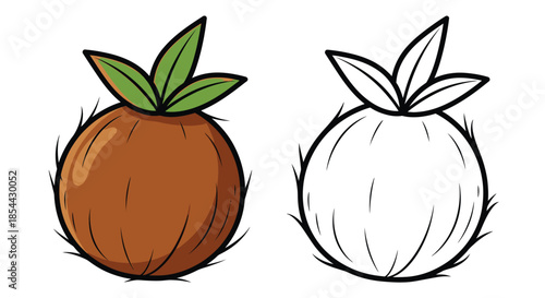 Colorful cartoon illustration of a brown onion with green leaves and its black and white line art version side by side on a white background.
