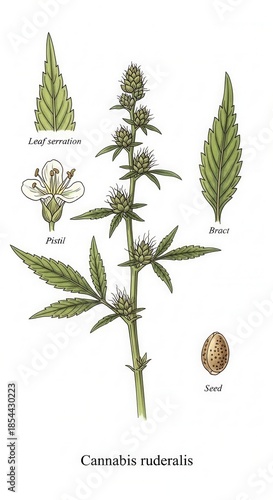 Cannabis ruderalis botanical illustration showcasing plant features and seed details meticulously