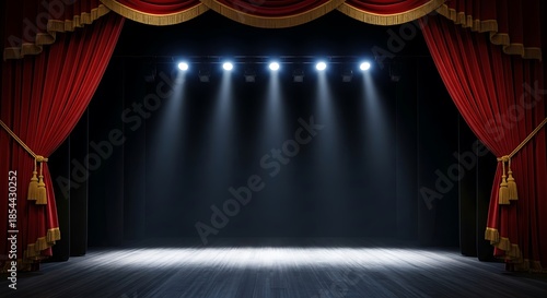 Dramatic Red Velvet Curtains Frame Empty Stage Illuminated by Intense Spotlight Beams.