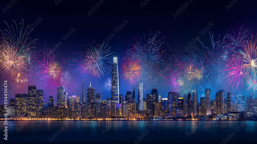 Obraz premium New York City skyline at night with vibrant fireworks display over Hudson River, colorful lights reflecting on water, urban celebration, festive atmosphere, cityscape