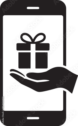 Online gifts delivery concept present box and hand in smartphone application