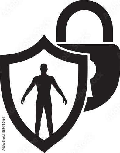 Security Shield with Person and Padlock Protection Concept Vector Graphic