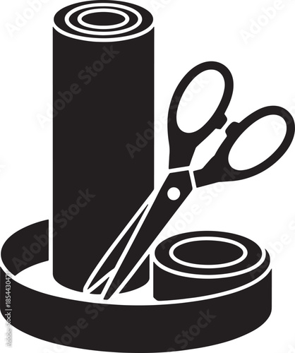 Sewing crafting items consisting of scissors and fabric roll for handmade products