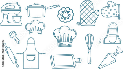 A collection of various kitchen utensils and food items illustrated in a simple line drawing style on a white background