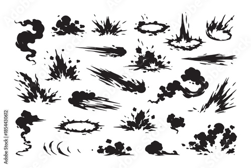 Abstract black energy effect elements with explosive bursts, motion streaks, impact splashes and dynamic power waves, ink-style vector set isolated on white.