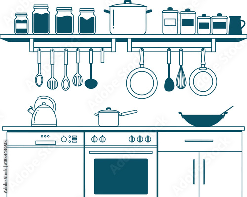 Kitchen utensils and appliances illustration with oven and countertop